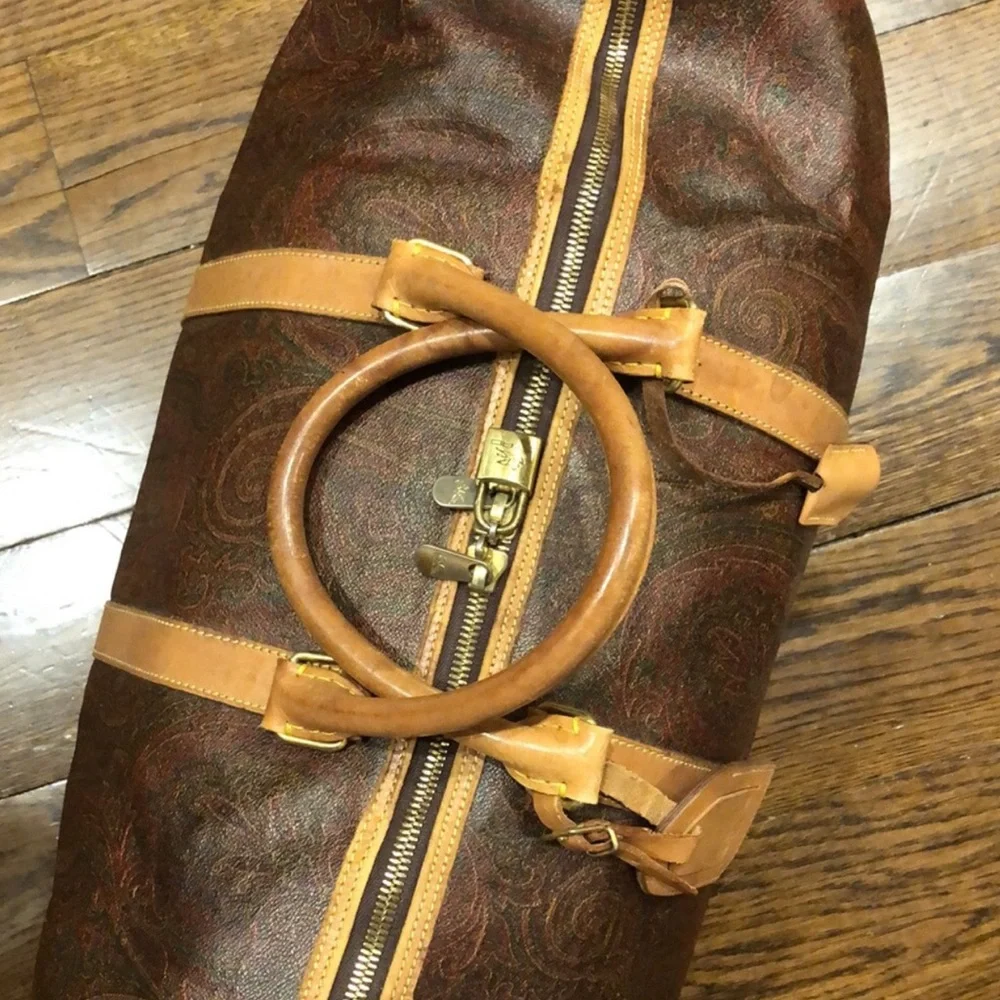 ETRO MILANO Paisley Coated Canvas Vachetta Leather Boston Shoulder Weekend Bag
